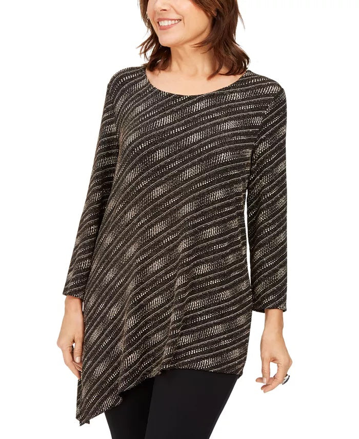 JM Women's Collection Asymmetrical Metallic Top Black Size Medium