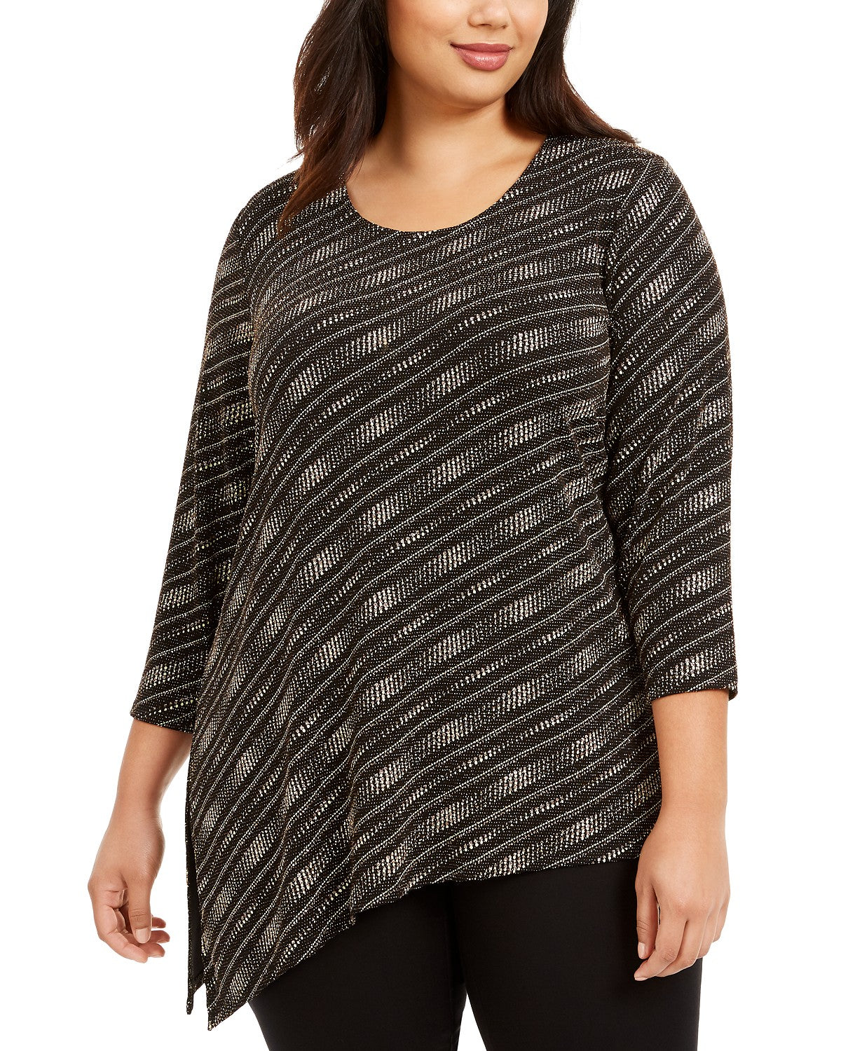 JM Collection Women's Plus Size Asymmetrical Metallic Top Black Size X-Large