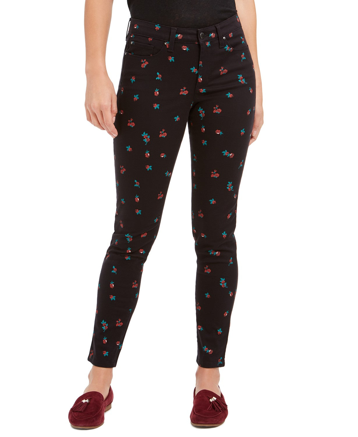 Charter Club Women's Floral-Print Skinny Jeans Black Size 8
