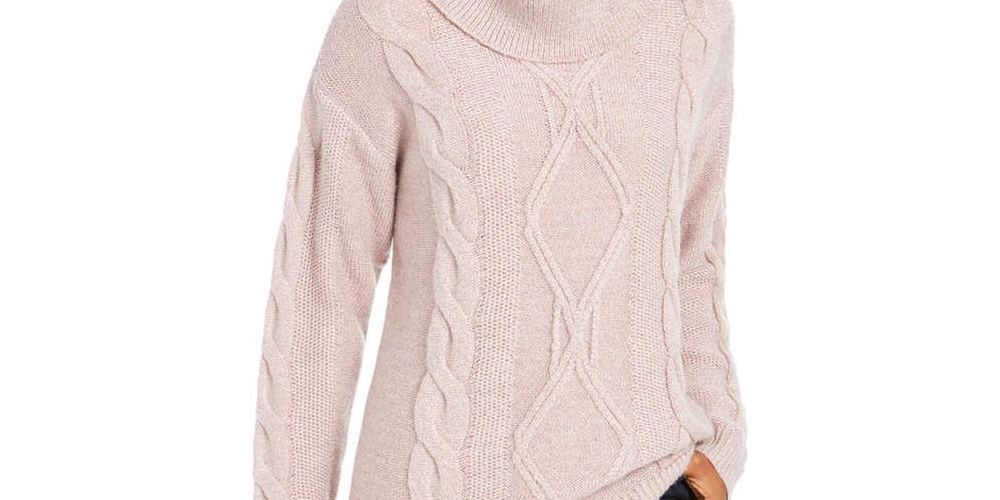 Charter Club Women's Cowl-Neck Cable-Knit Glitter Sweater Pink Size Extra Large