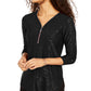 JM  Collection Women's Printed Velvet Zipper-Trim Top Black Size Large