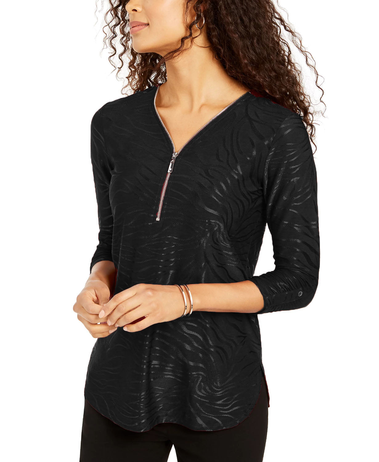 JM  Collection Women's Printed Velvet Zipper-Trim Top Black Size Large