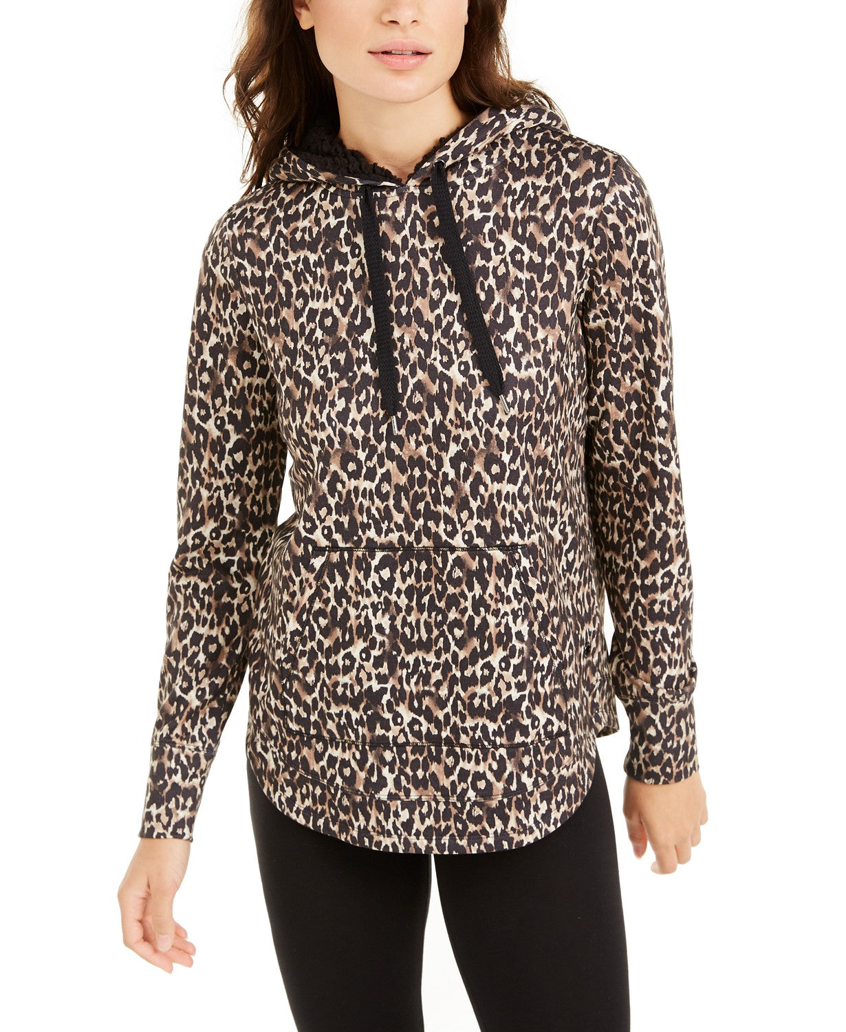 Ideology Women's Leopard Round-Hem Hoodie Beige Khaki Size X-Small