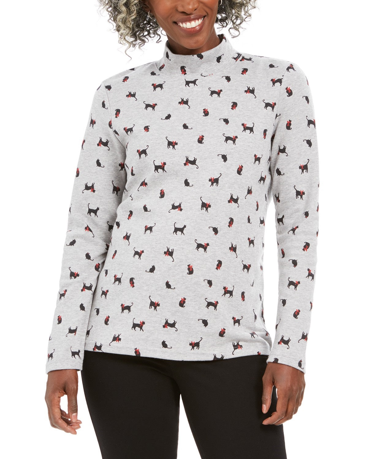 Karen Scott Women's Petite Cats & Bows Printed Mock-Neck Top Gray Size Extra Large