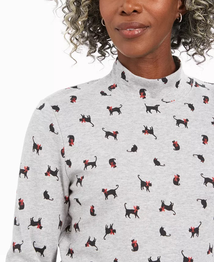 Karen Scott Women's Petite Cats & Bows Printed Mock-Neck Top Gray Size Extra Large
