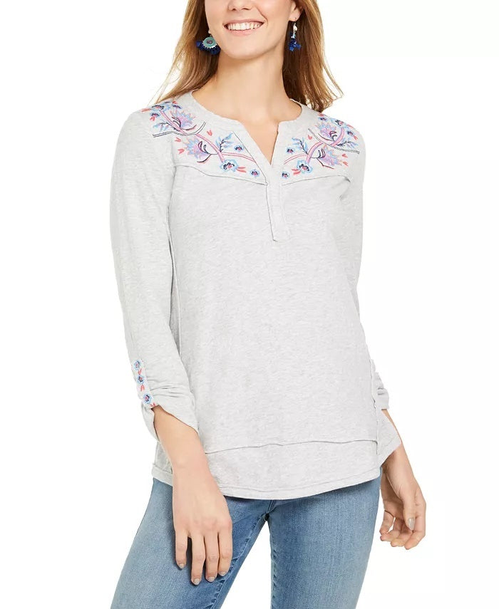 Style & Co Women's Embroidered Top Grey Size Medium