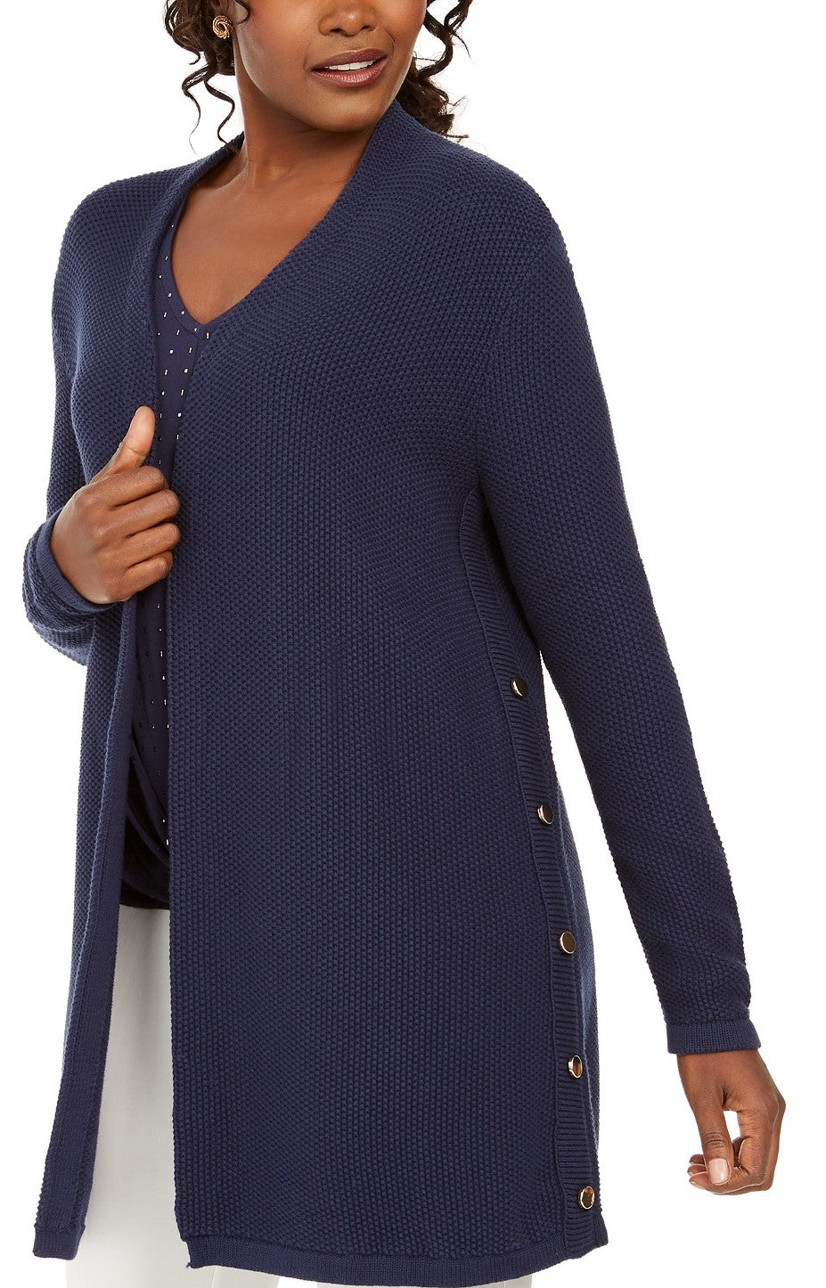 JM Collection Women's Cotton Side-Button Open-Front Cardigan Blue Size Medium