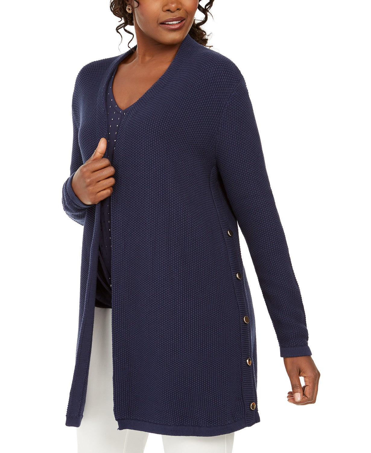 JM Collection Women's Side-Button Open-Front Cardigan Blue Size Small