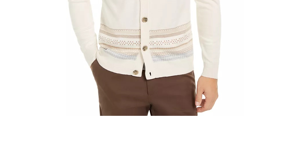 Tasso Elba Men's Geo-Stripe Intarsia-Knit Cardigan White Size Large