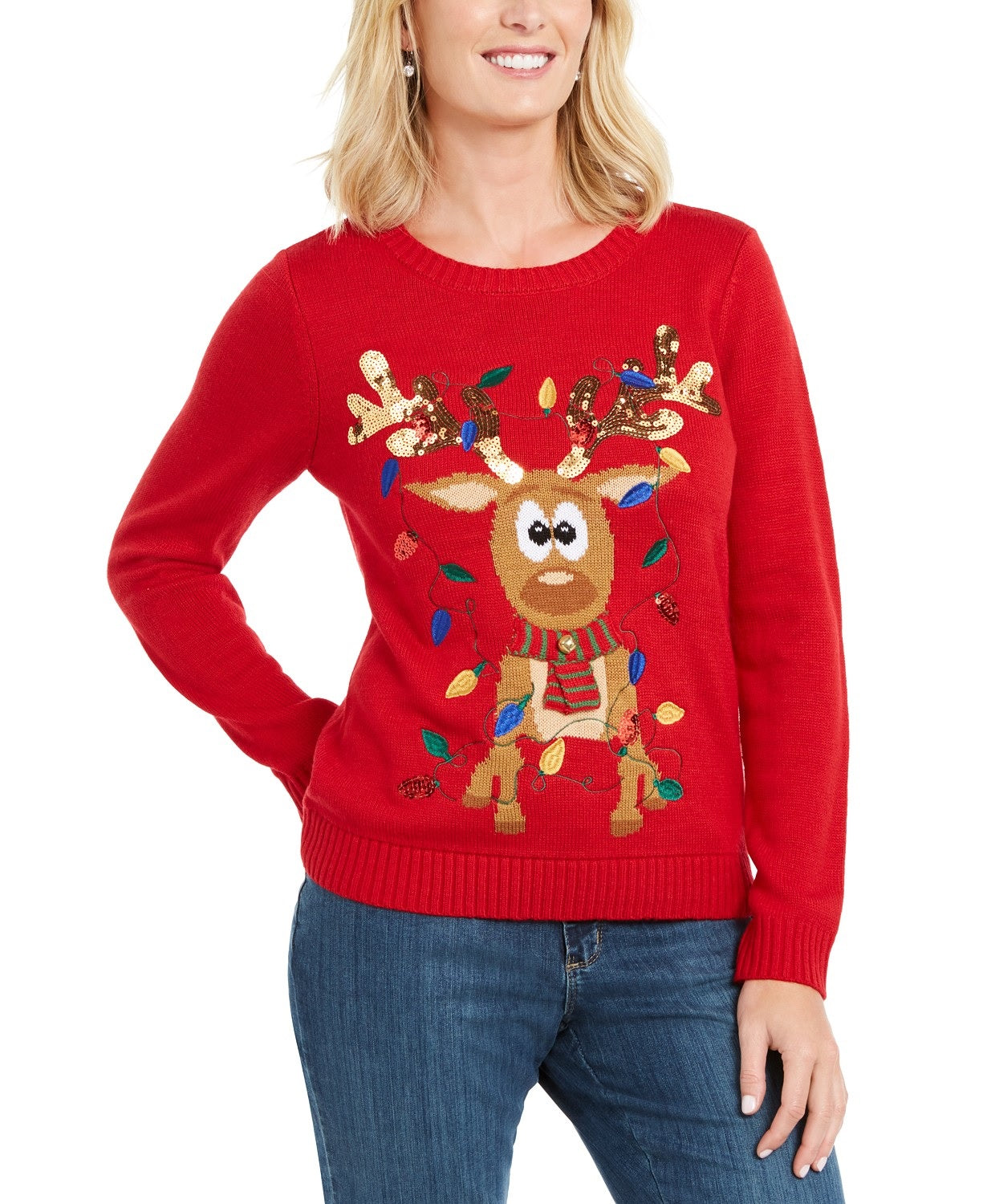 Karen Scott Women's Sequined Tangled Reindeer Sweater Red Size Extra Large