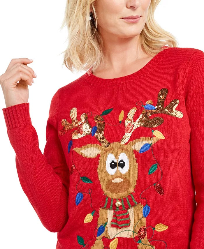 Karen Scott Women's Sequined Tangled Reindeer Sweater Red Size Extra Large