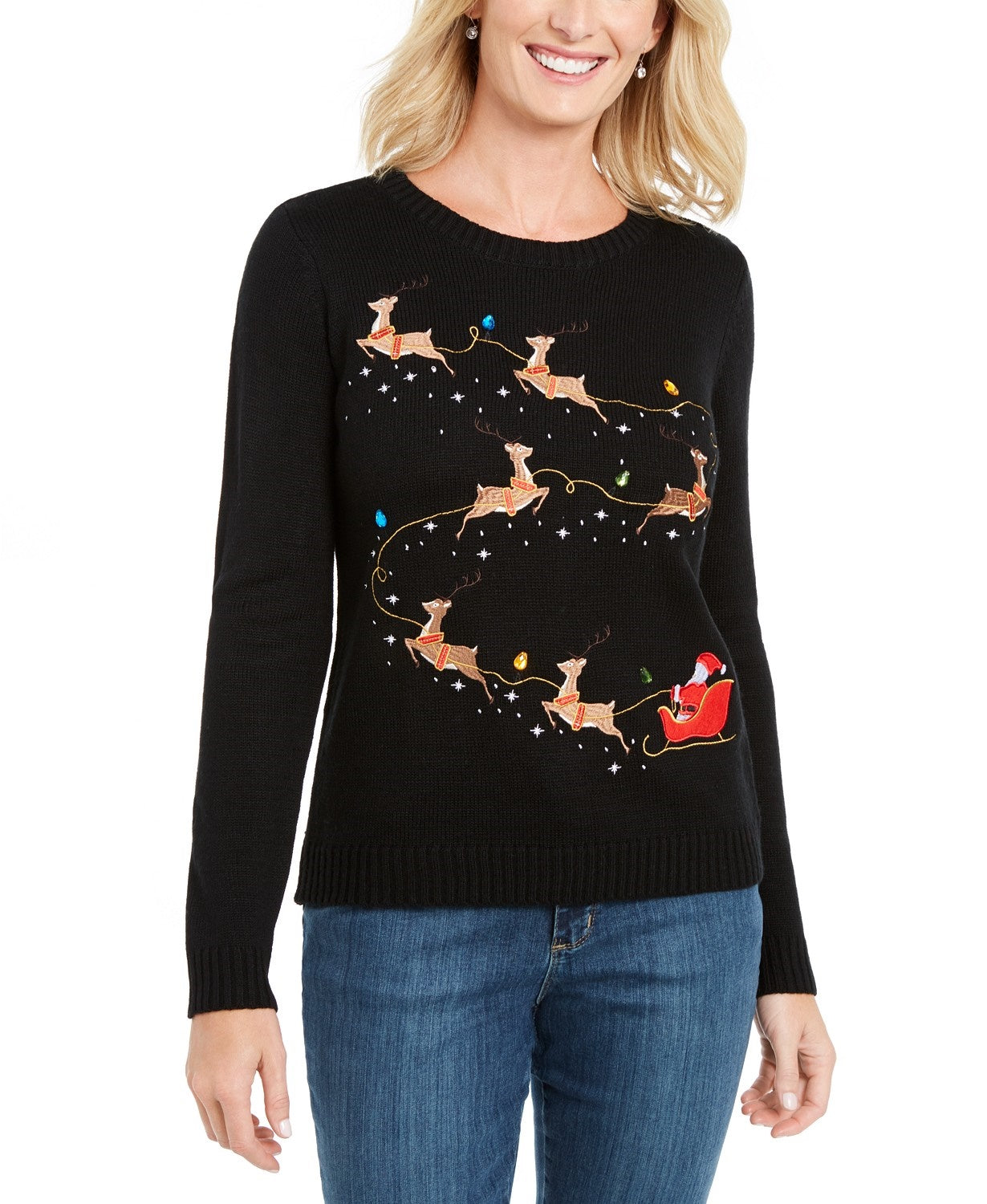 Karen Scott Women's Embroidered Reindeer Sweater Black Size Medium