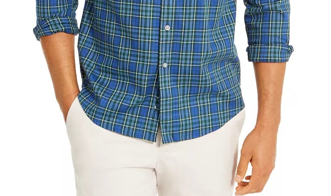 Club Room Men's Regular-Fit Performance Stretch Plaid Shirt Blue Size XX-Large