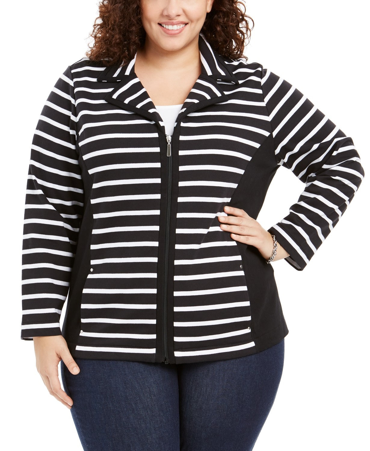 Karen Scott Women's Plus Notch Collar Zip-Front Jacket Black Size X-Large