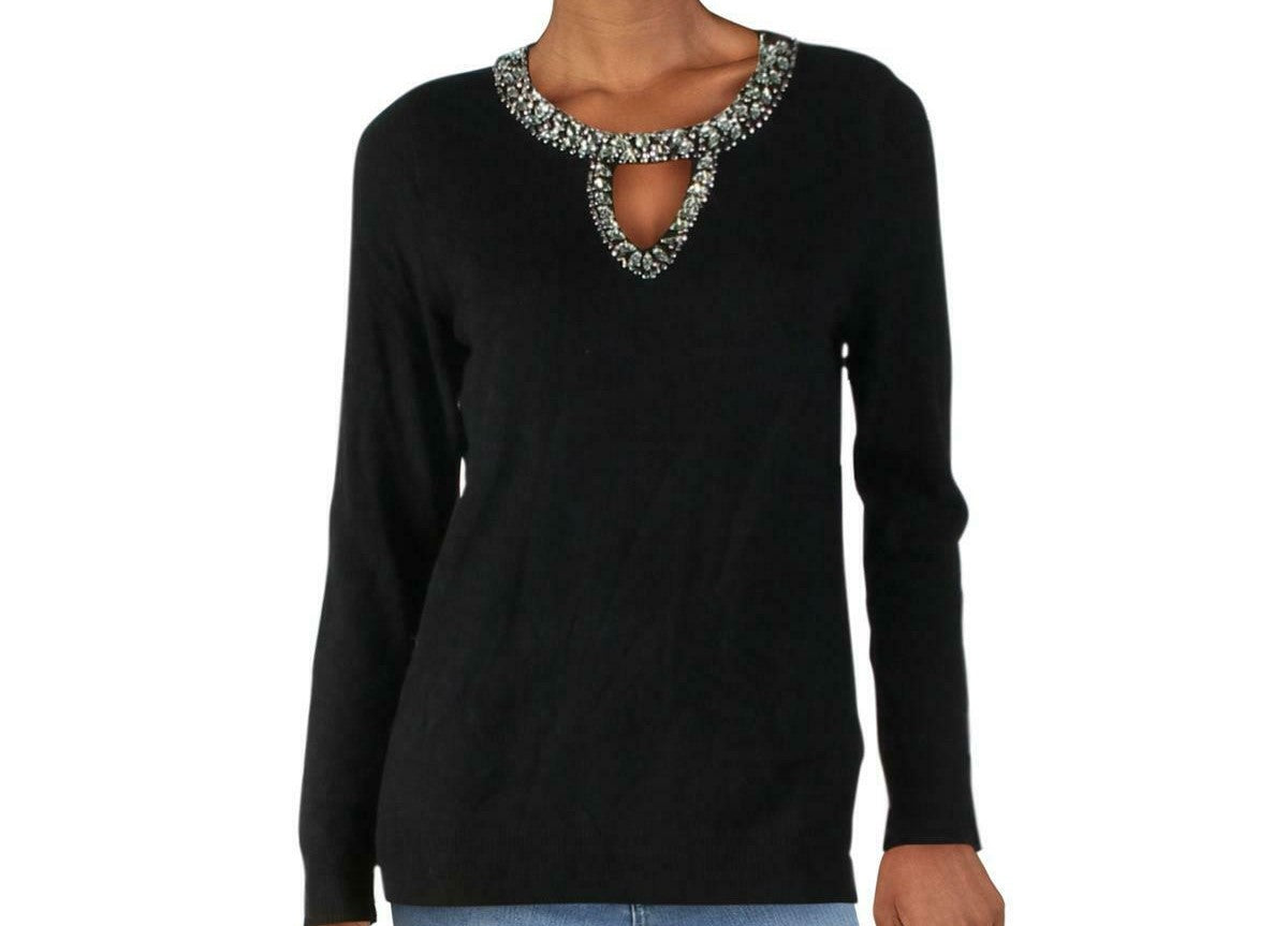 INC International Concepts Women's Embellished Keyhole Sweater Black Size Large