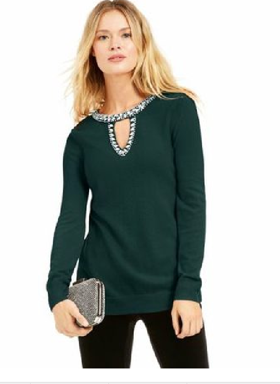 INC International Concepts Women's Embellished Keyhole Sweater Green Size Medium