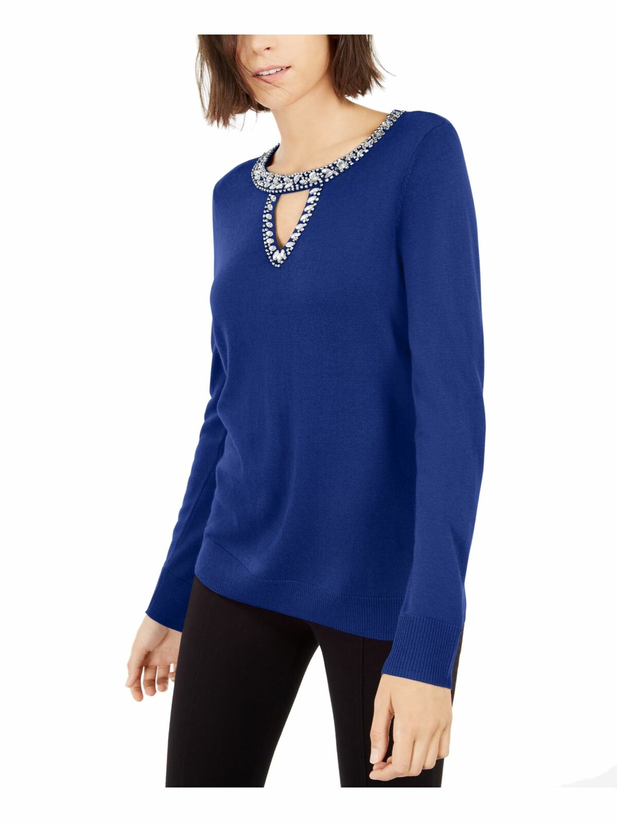 INC International Concepts Women's Embellished Keyhole Sweater Navy Size X-Small