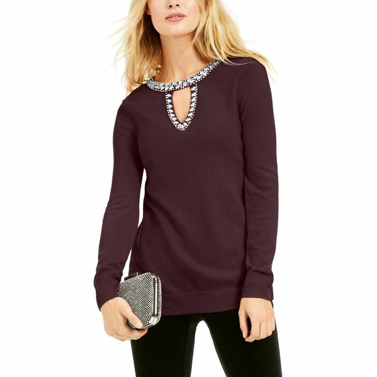 INC International Concepts Women's Embellished Keyhole Sweater Port Size Medium
