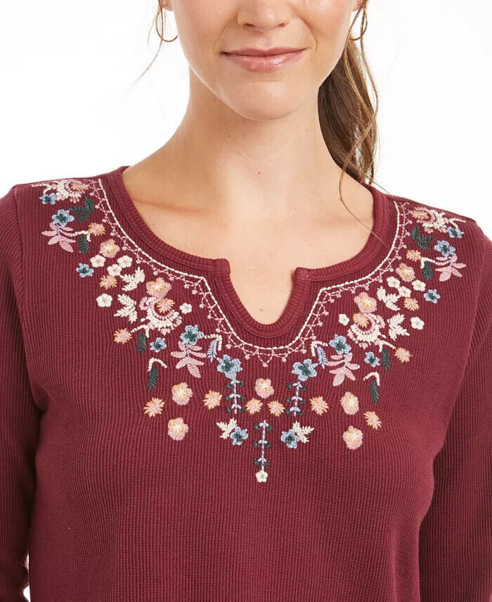 Style & Co Women's Embroidered Split-Neck Cotton Thermal Top Red Size Small
