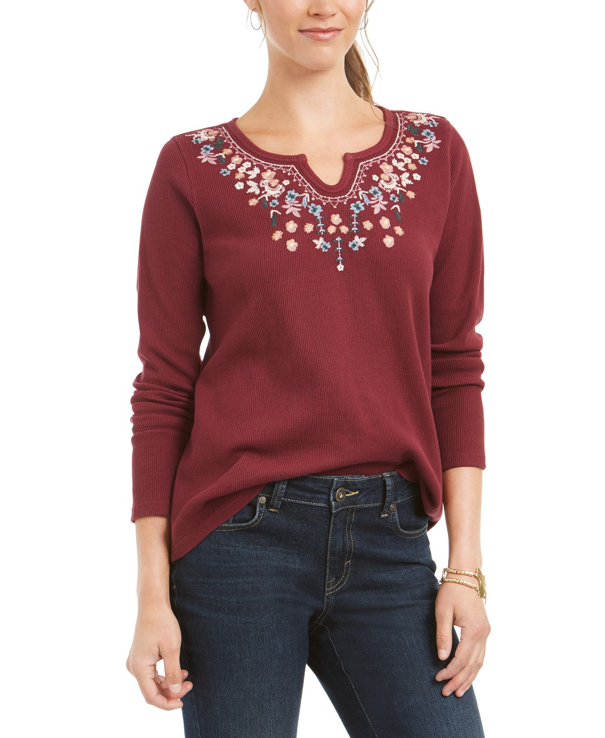 Style & Co Women's Embroidered Split-Neck Cotton Thermal Top Red Size Small