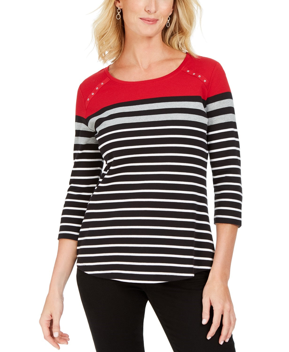 Karen Scott Women's Sport Colorblocked Striped Grommet Top Bright Red Size Extra Small