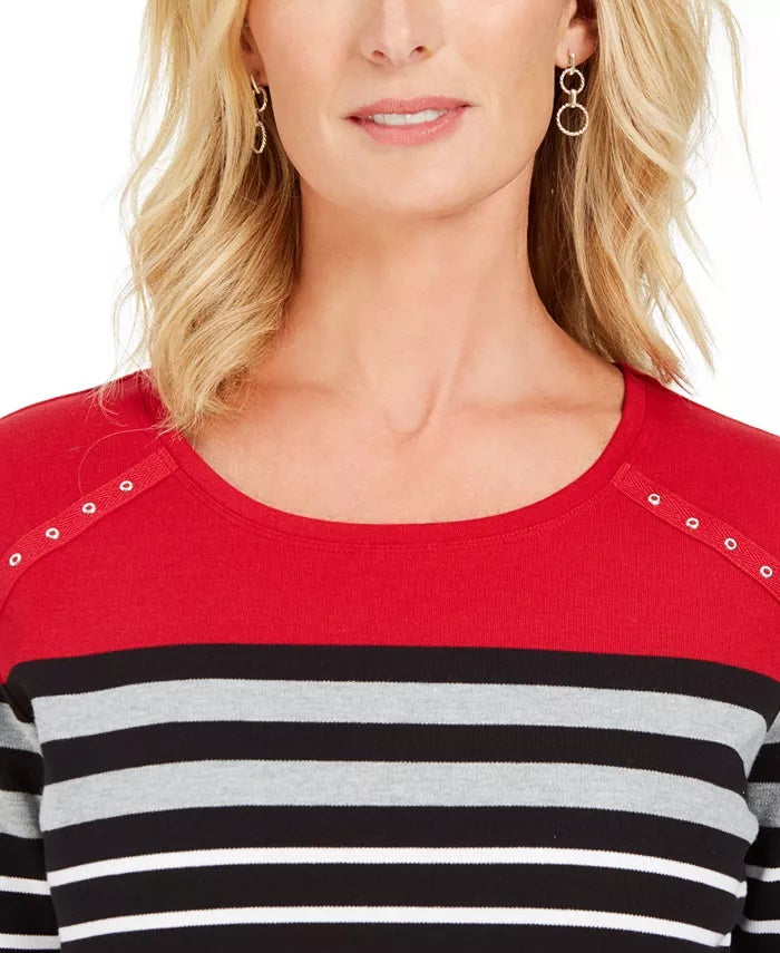 Karen Scott Women's Sport Colorblocked Striped Grommet Top Bright Red Size Extra Small