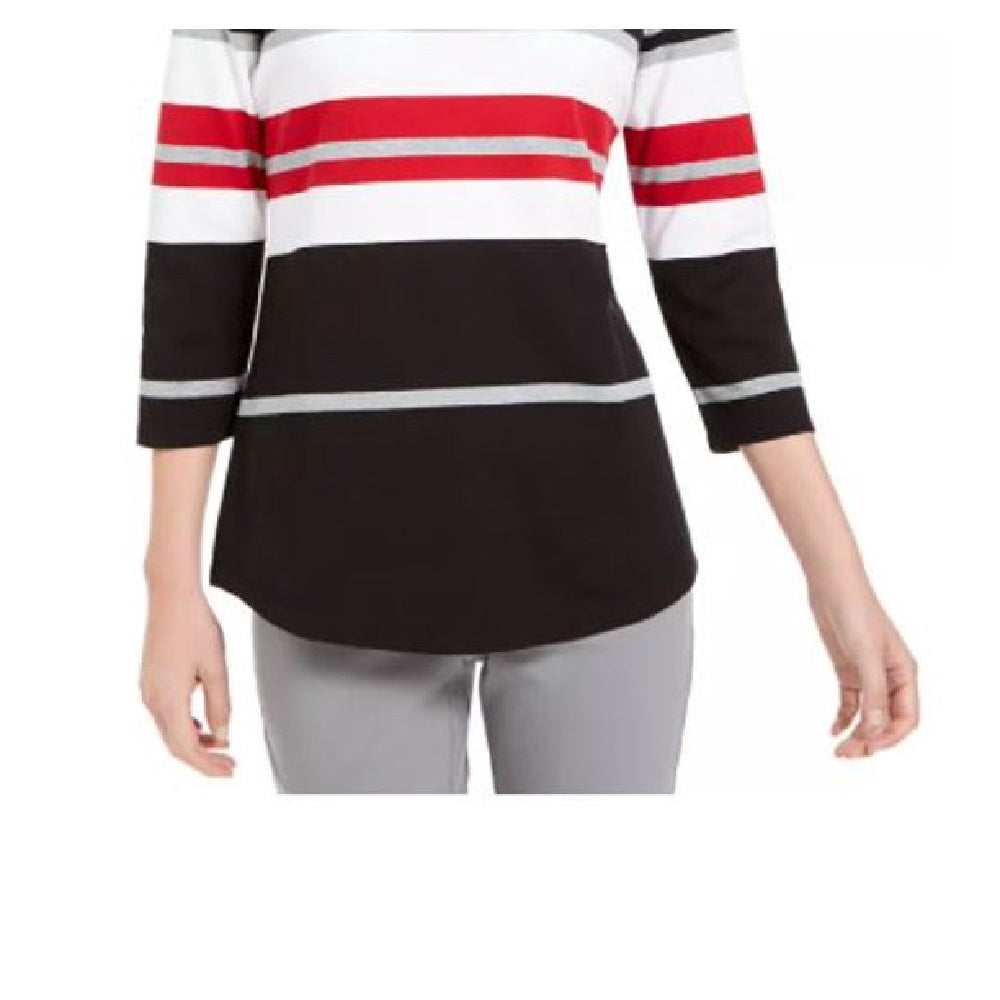 Karen Scott Women's Petite Embellished Striped Top Red Size Small