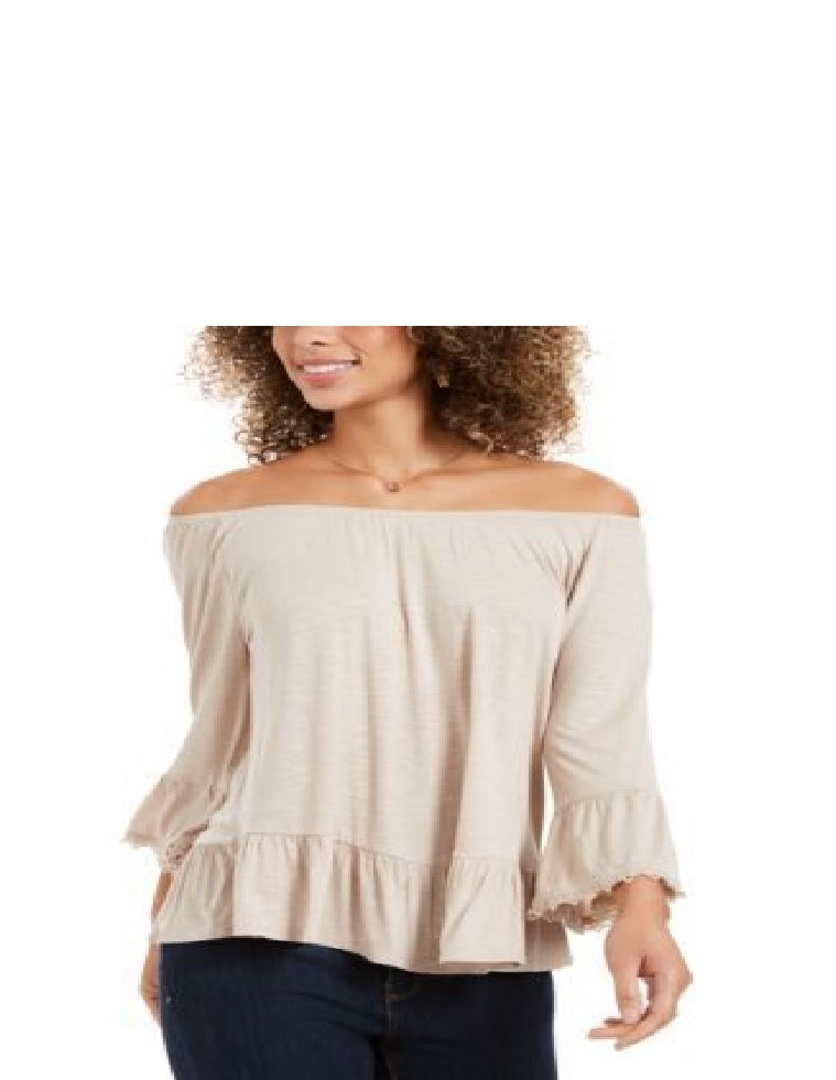 Style & Co Women's Off-The-Shoulder Bell-Sleeve Top Brown Size Small