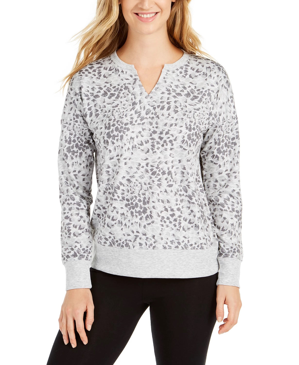 Ideology Women's Printed Split-Neck Top Gray Size Large