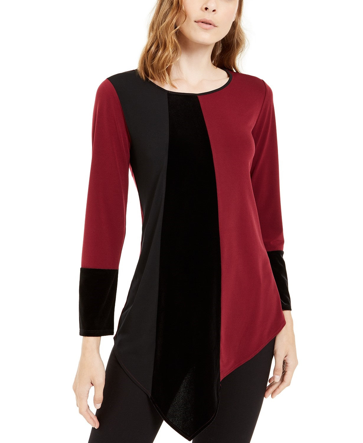 Alfani Women's Petite Asymmetrical-Hem Colorblocked Top Wine Size Petite Medium