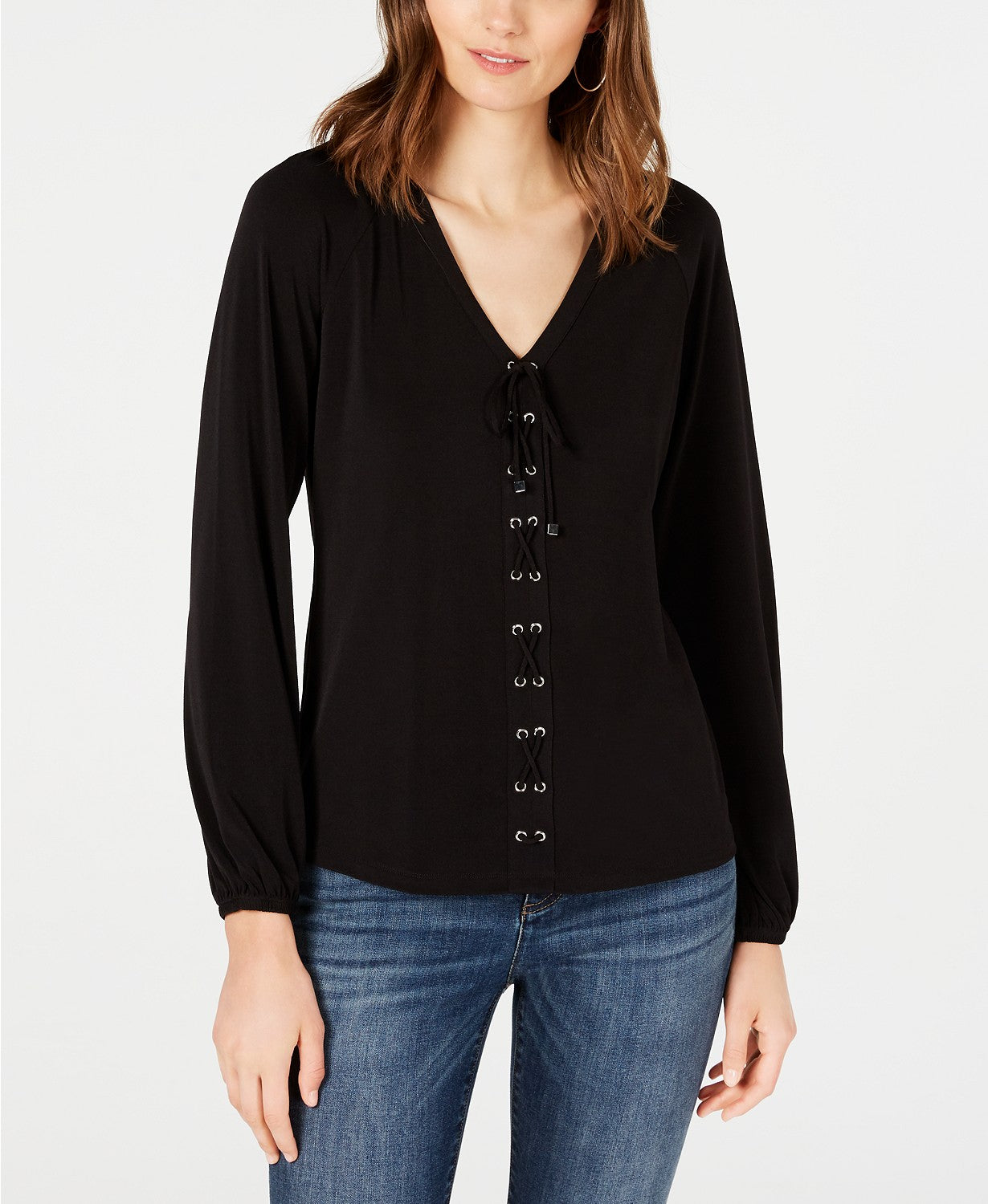 INC International Concepts Women's Lace-Up Top Deep Black Size Medium