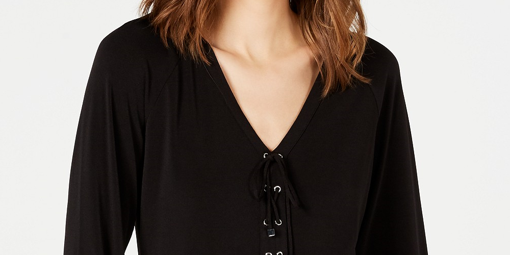 INC International Concepts Women's Lace-Up Top Deep Black Size Medium