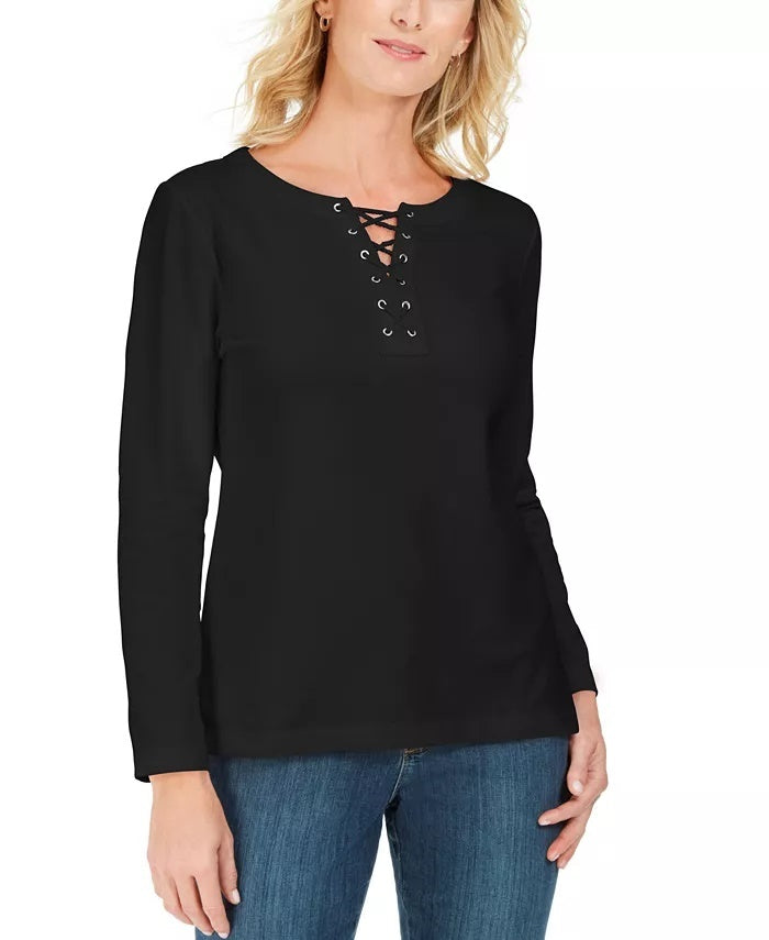 Karen Scott Women's Lace-Up French Terry Sweatshirt Black Size XX Large