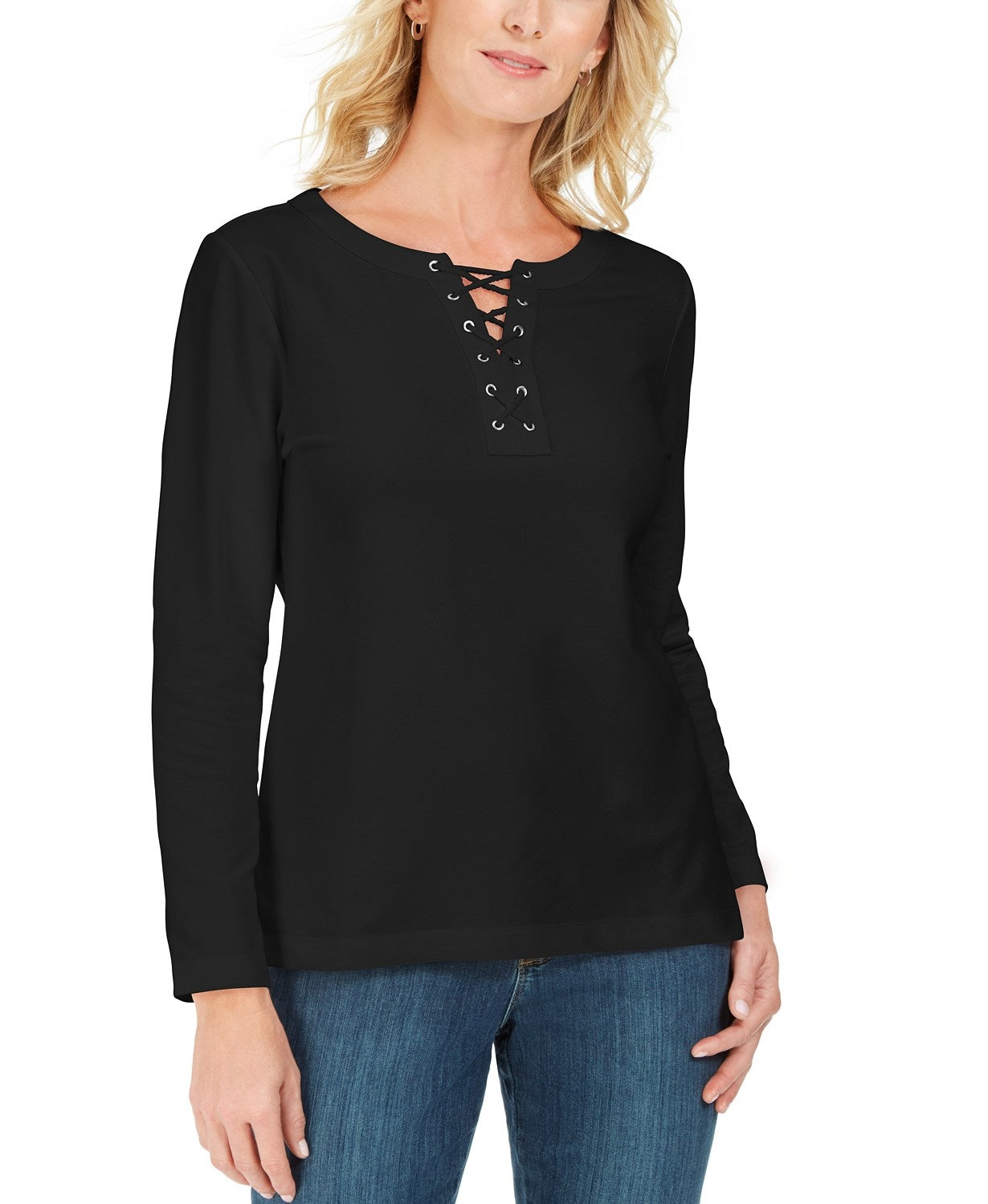 Karen Scott Women's Lace-Up French Terry Sweatshirt Black Size Large