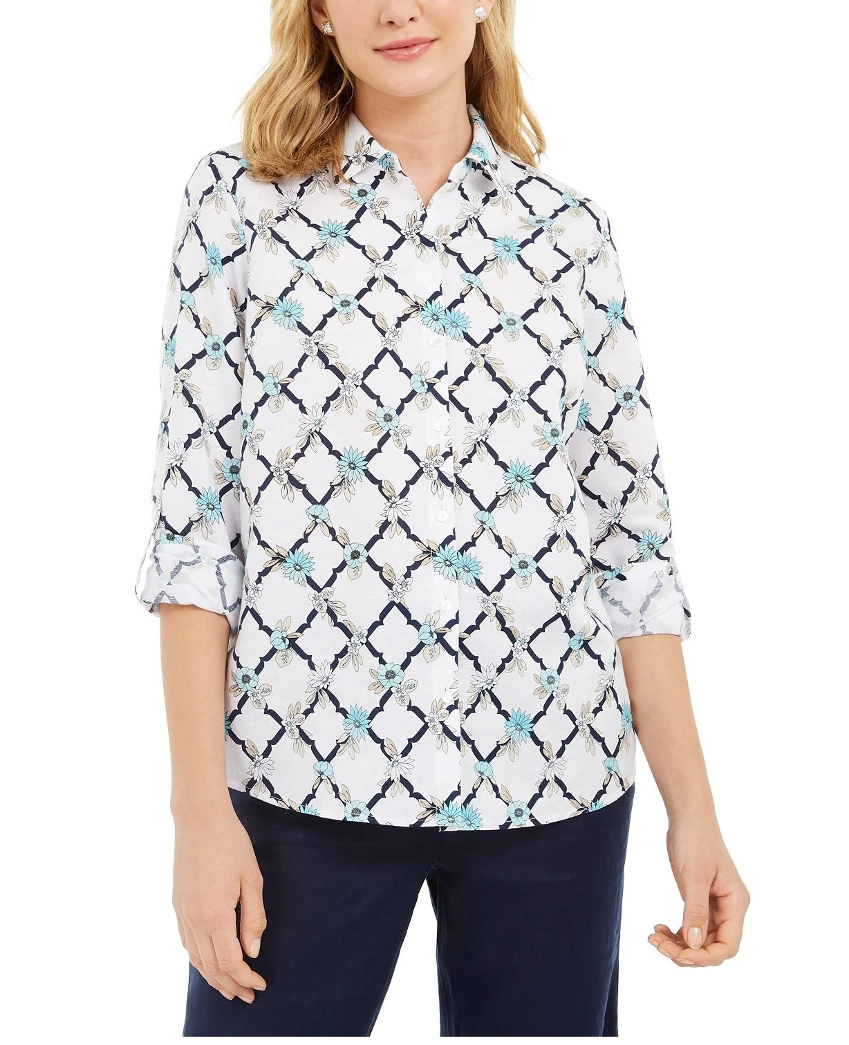 Charter Club Women's Printed Linen-Blend Shirt White Size Medium