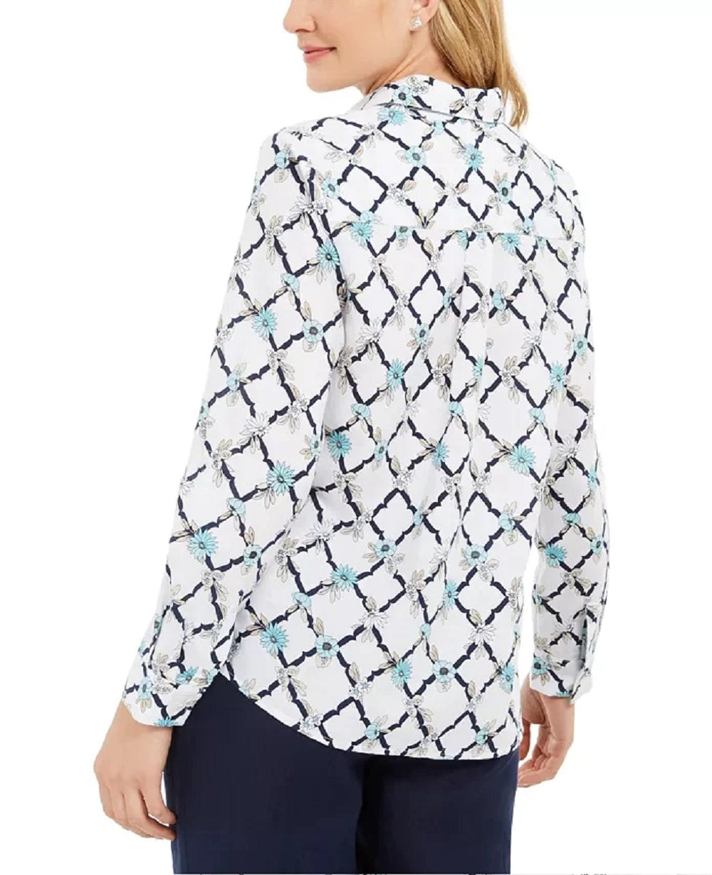 Charter Club Women's Printed Linen-Blend Shirt White Size Medium