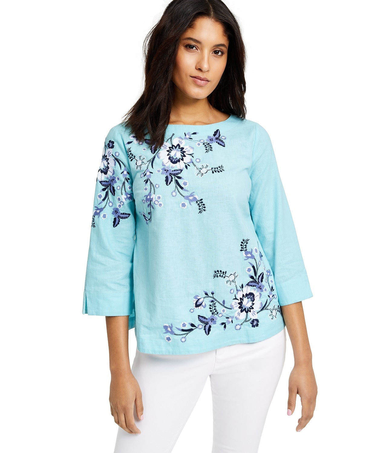 Charter Club Women's Floral-Embroidery Linen-Blend Top Blue Size Extra Large
