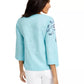 Charter Club Women's Floral-Embroidery Linen-Blend Top Blue Size Small