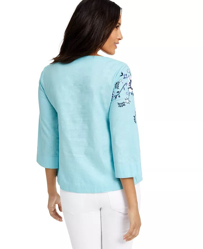 Charter Club Women's Floral-Embroidery Linen-Blend Top Blue Size Small