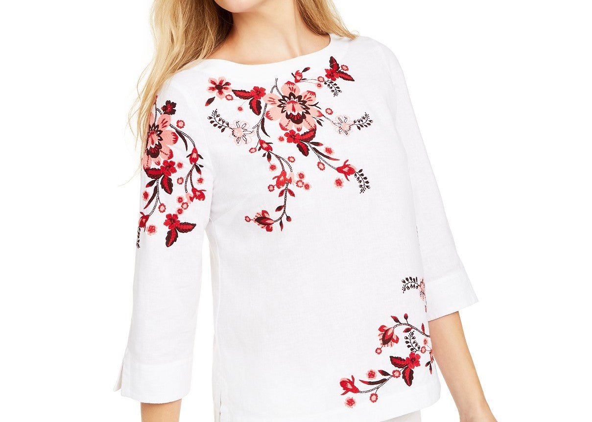 Charter Club Women's Embroidered Split-Sleeve Top  White Size Medium