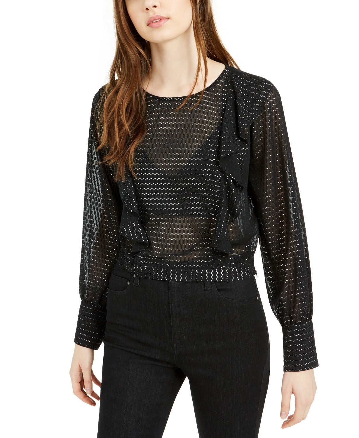Bar III Women's Ruffled Metallic-Dot Blouson-Sleeve Top  Black Size Extra Small