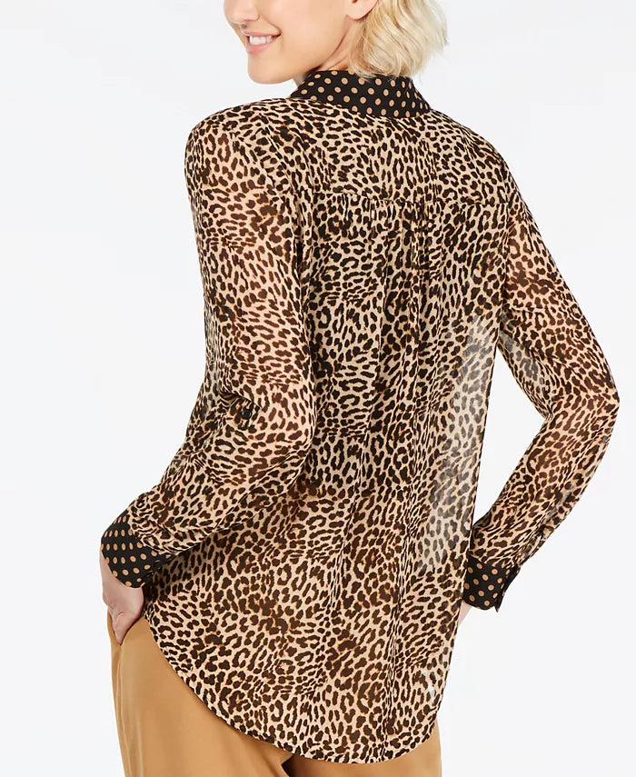 INC International Concepts Women's Leopard Dot Button-Up Shirt Gold Size Large