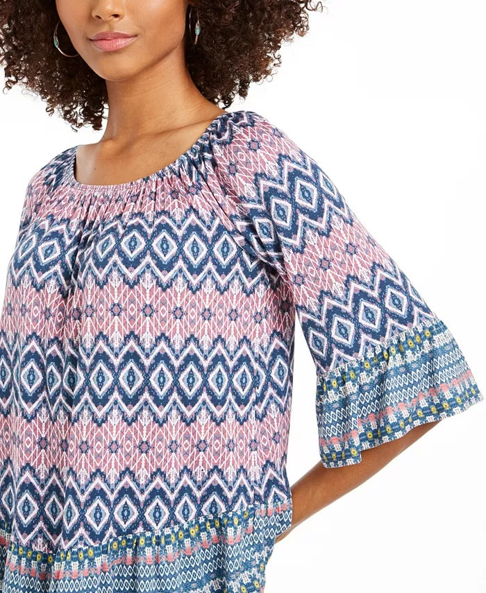 Style & Co Women's Printed On/Off-The-Shoulder Top Blue Size Large