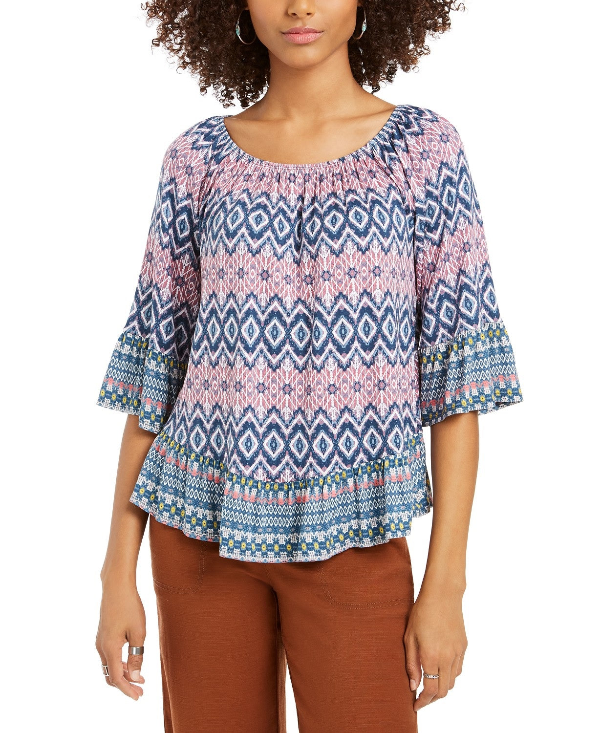 Style & Co Women's Printed On/Off-The-Shoulder Top Blue Size Medium