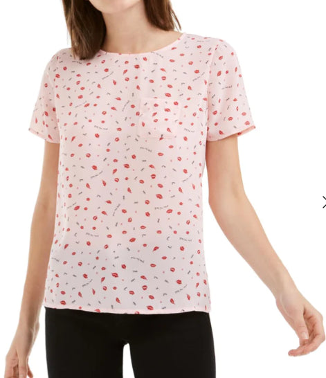 Maison Jules Women's Printed Button-Up Back Top Pink Size Large