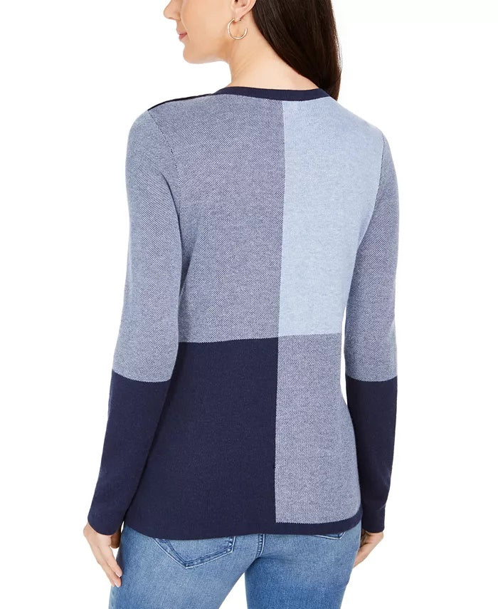 Charter Club Women's Colorblocked Button-Shoulder Sweater Blue Size Large
