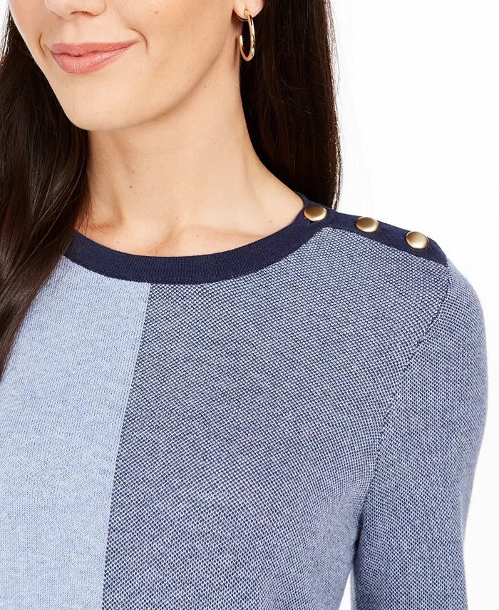 Charter Club Women's Colorblocked Button-Shoulder Sweater Blue Size Large