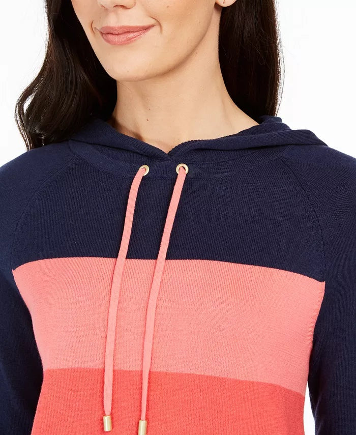 Charter Club Women's Striped Hooded Sweater Blue Size Large
