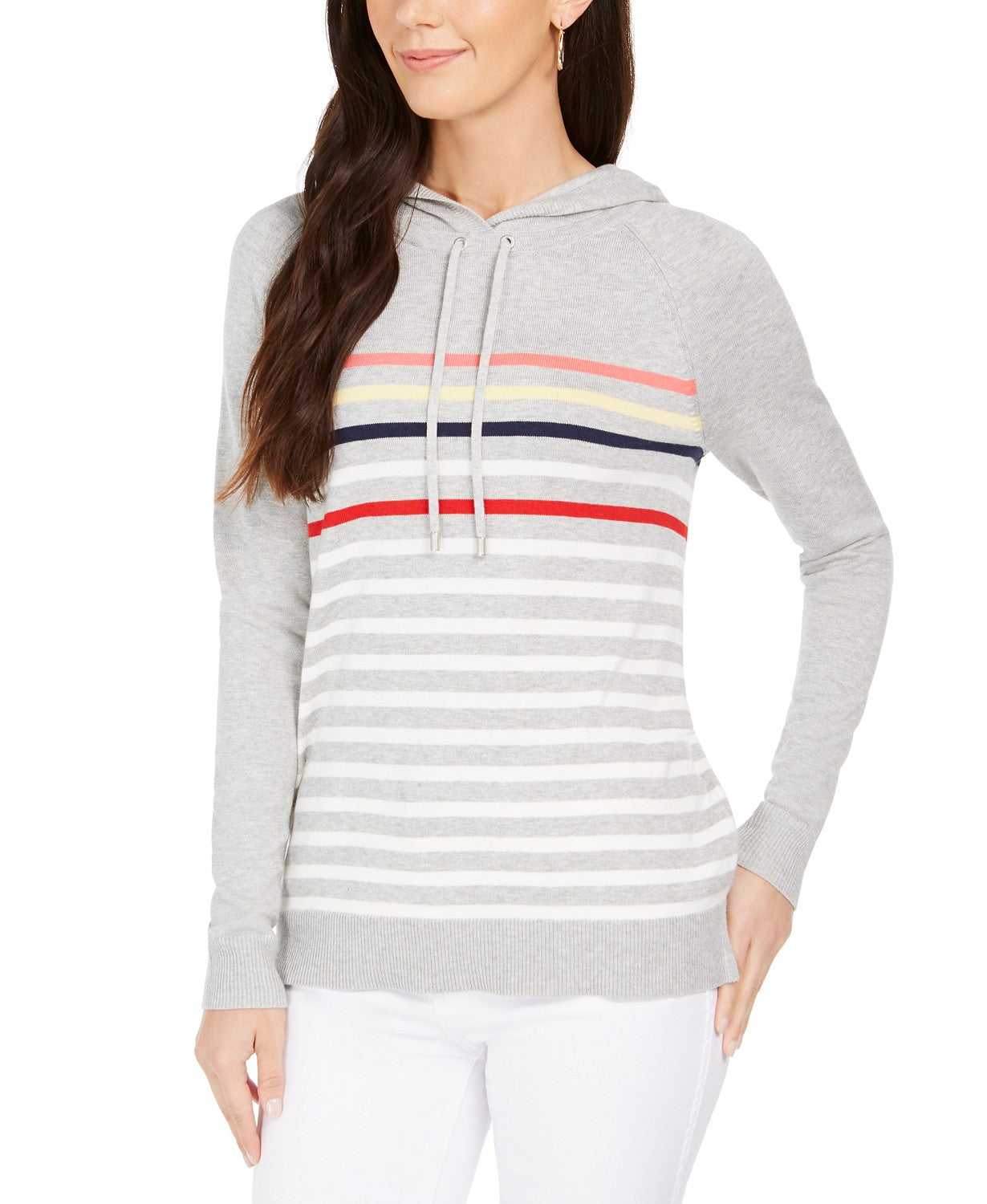 Charter Club Women's Striped Hooded Sweater Med Gray Size Medium