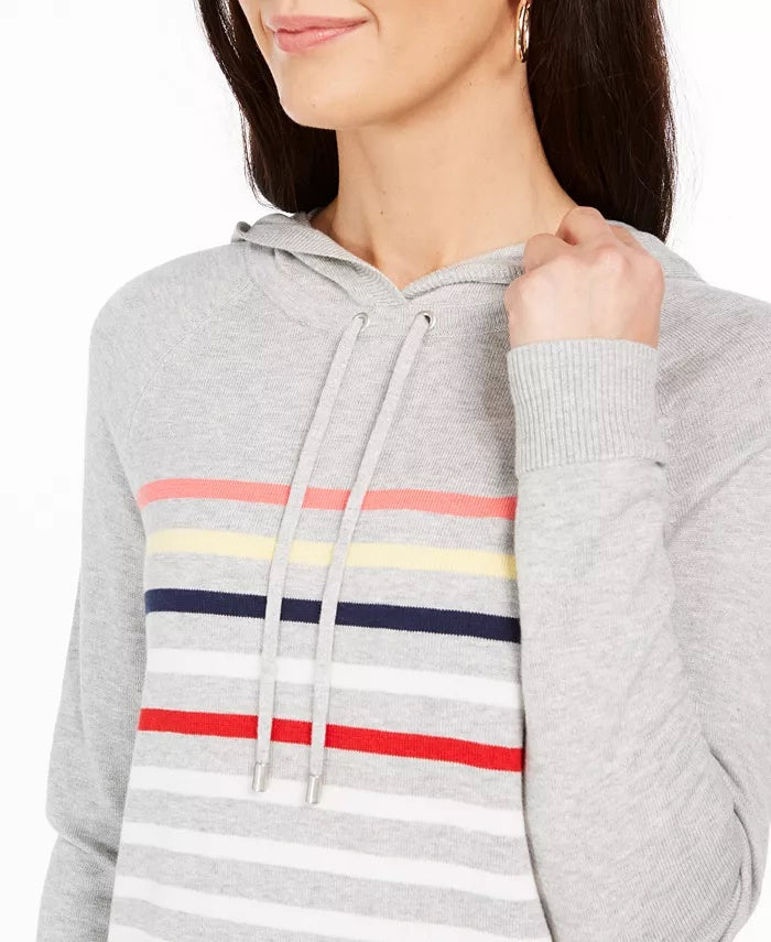 Charter Club Women's Striped Hooded Sweater Gray Size X-Small